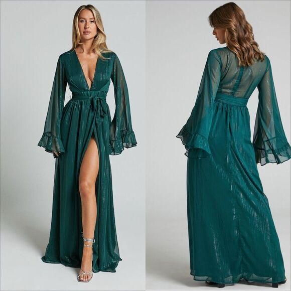 Showpo Dangerous Woman Maxi Dress Size 10 Emerald Plunge Thigh Split New - Picture 1 of 9